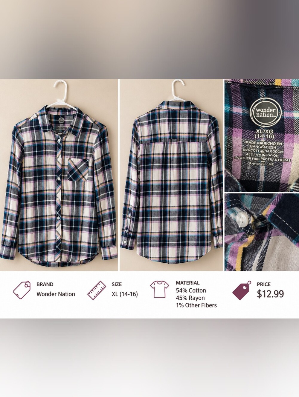 wonder nation Plaid Button-Down Shirt - Navy, Purple, White